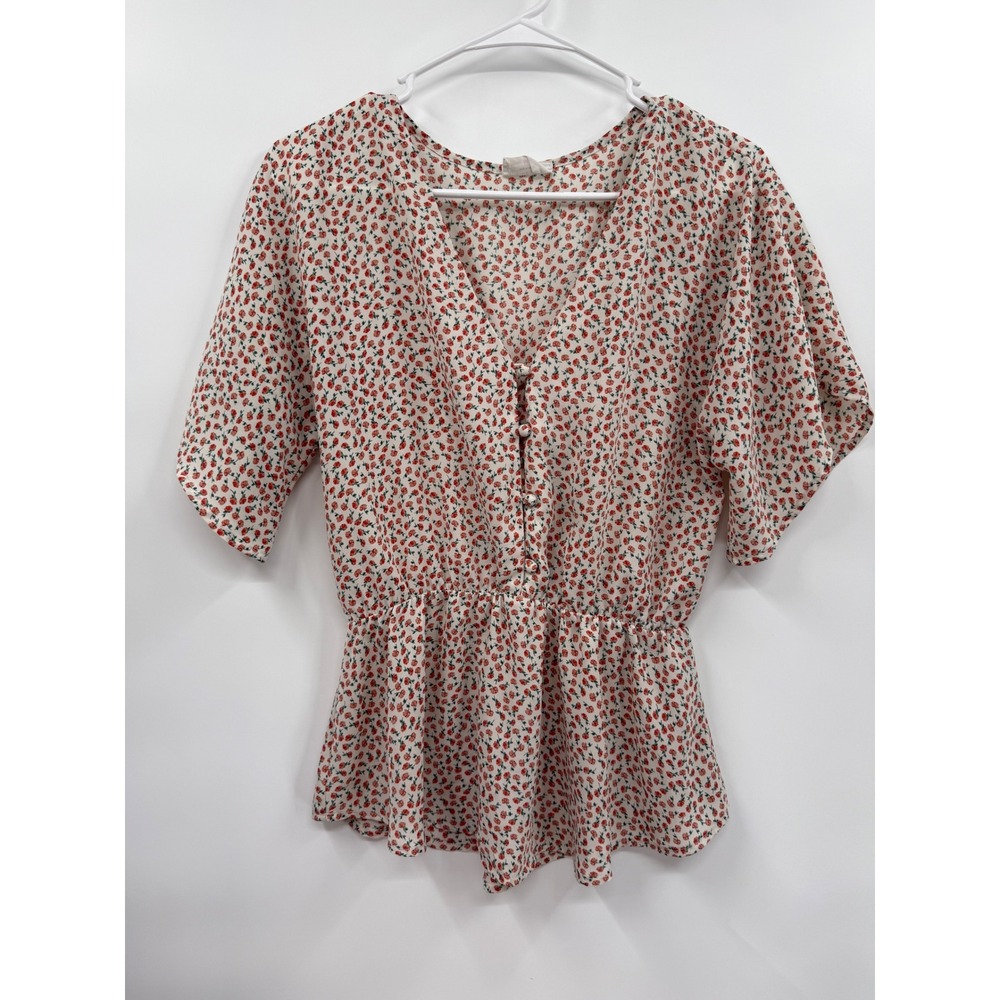 Sienna Sky Medium Peplum Top W Cream Red Floral Button Flutter Sleeve Blouse
